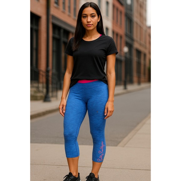 Lilly Pulitzer Women's Leggings M Blue Pink Trim Activewear Yoga Pants Capris - Picture 1 of 10